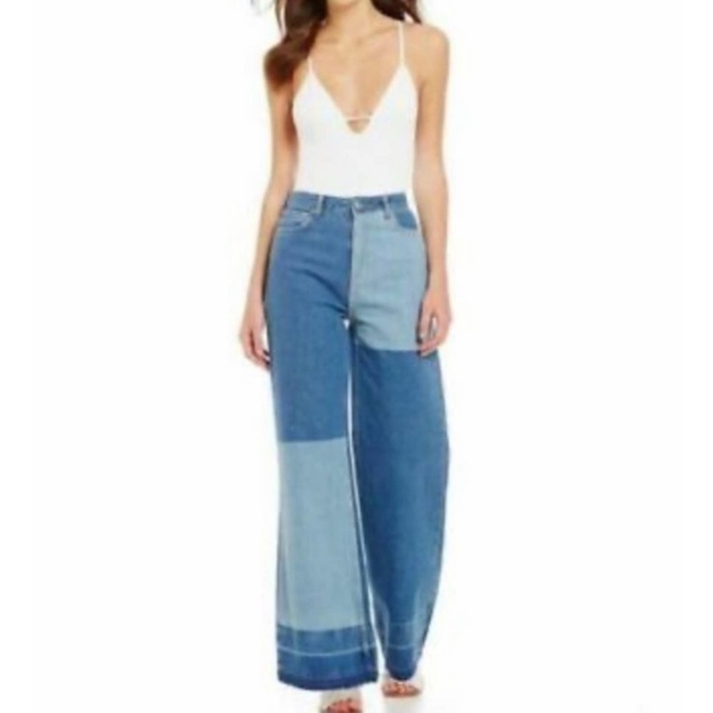 Free People Contrast Color Block Wide Leg Jeans Size 29